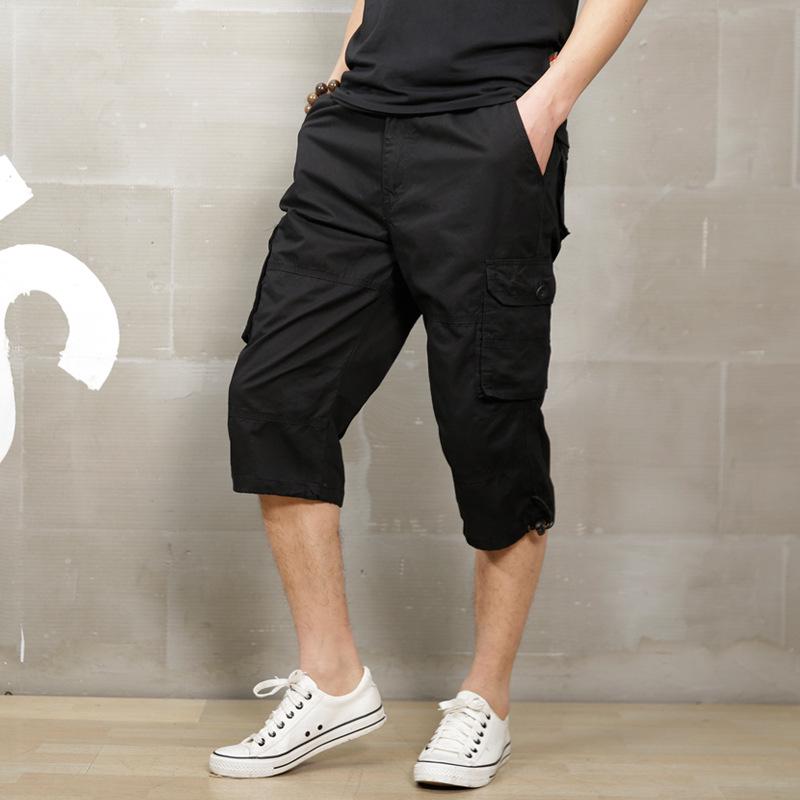 Baumwolle Unter dem Knie Länge 3/4 Lange Shorts Herren Taktische Capri-Hosen Mehrere Taschen Sommer Twill Arbeits Cargo Hosen Mann XL schwarz