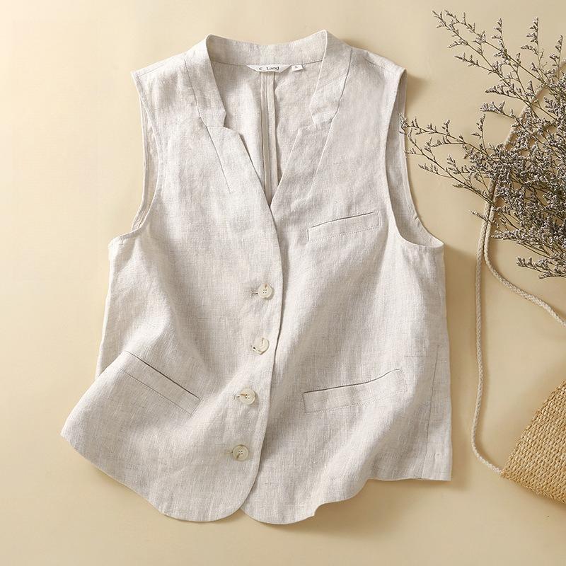 Vintage Damen Weste Baumwolle Leinen Lässig Locker Weste Oberbekleidung Einreihig V-Ausschnitt Ärmellos Westen Jacken 2024 Sommer Top L beige