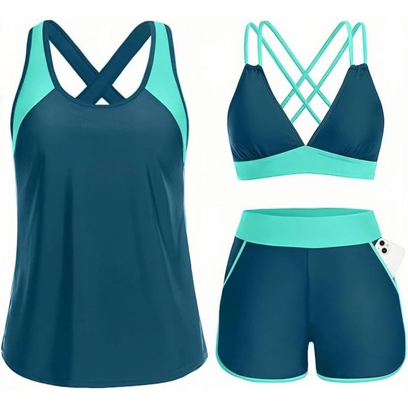 Dreiteiliger Bikini für Damen mit Taschen, Kreuzdesign, Schöner Rücken, Bikini-Boxershorts, Sport-Bikini 2XL blue