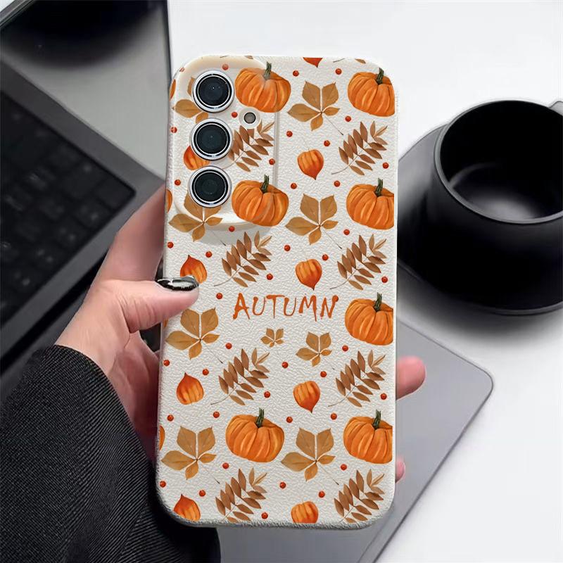 Herbst Kürbisdruck Handyhülle Für Samsung Galaxy S25 Edge S24 S25 FE S23 S22 Ultra A17 A56 A55 A54 A36 A15 A16 Silikon Ledertextur Cover Samsung Galaxy A52 / A52S weiß