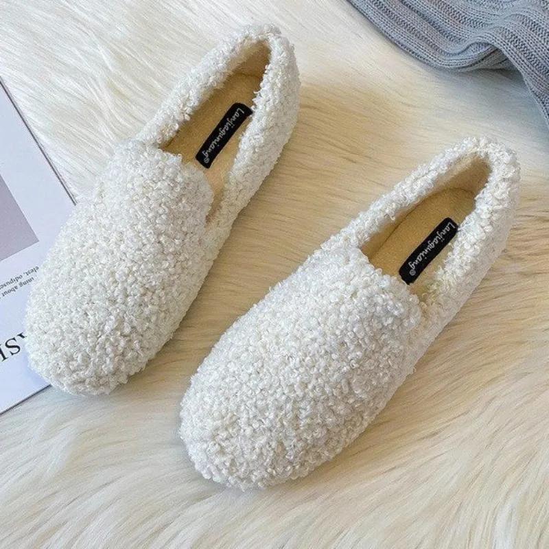 Mode Neue Damen Pelz Ballerinas Herbst Warm halten Plüsch Flach Slipper Freizeitschuhe für Damen Slipper Outdoor Damen Laufschuhe 40 weiß