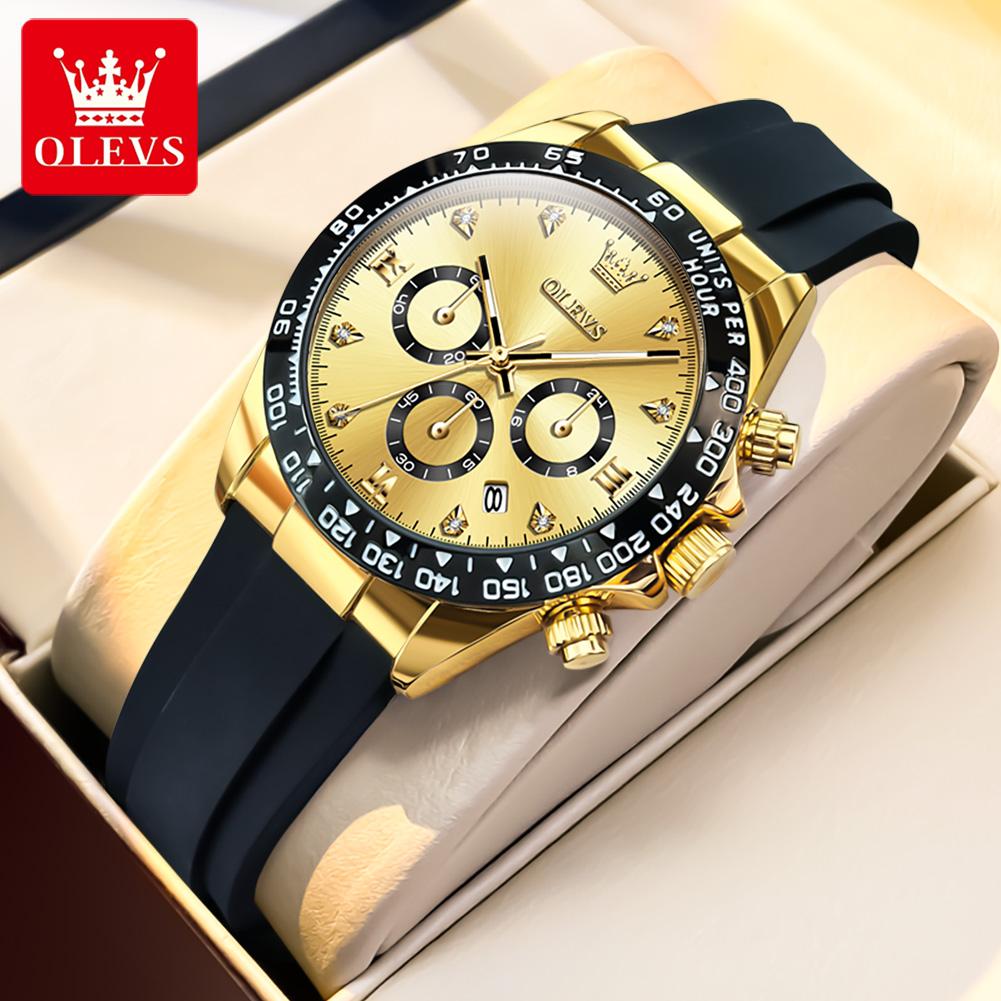 OLEVS Damenuhr Silikonarmband Luxusmarke Original Quarzwerk für Damen Automatisches Datum Wasserdicht Chronograph Damenuhr schwarz/gold