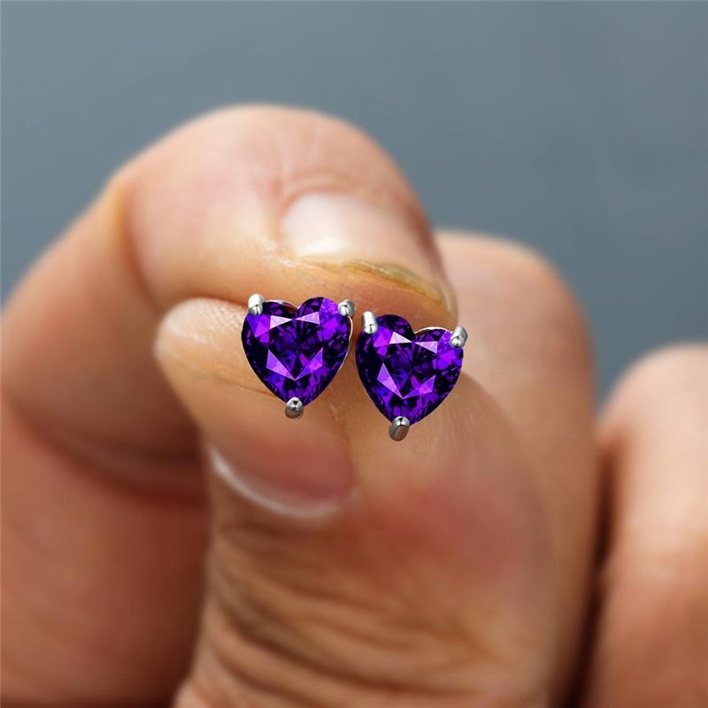 10 Farben herzförmiger Geburtsstein, Regenbogenstein, silberfarbene Ohrstecker für Damen, Schmuck, Geschenke violett