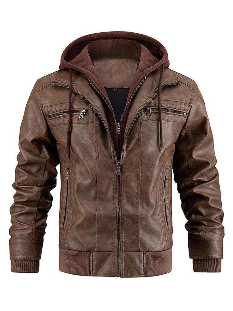 Herren Lederjacke Motorrad Slim Fit Kapuze PU Mantel Top Herbst Winter Casual Winddichte Herrenbekleidung S braun
