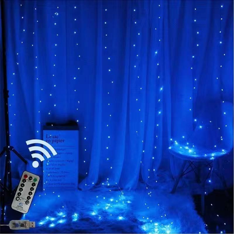 Vorhang LED Lichterketten Girlande Festival Weihnachtsdekoration USB-Fernbedienung Urlaub Hochzeit Lichterketten für Schlafzimmer Zuhause 3M(W)x3M(H) 300 LEDS blau