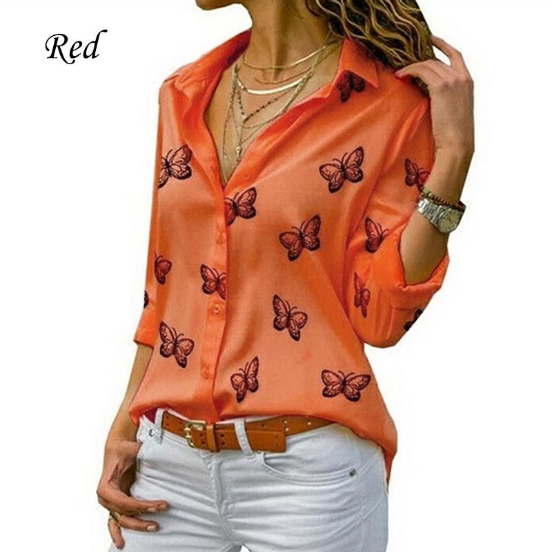 Frauen Temperament Casual Hemd Drehen-unten Kragen Schmetterling Print Langarm Blusen Mode Elegante Arbeit L rot