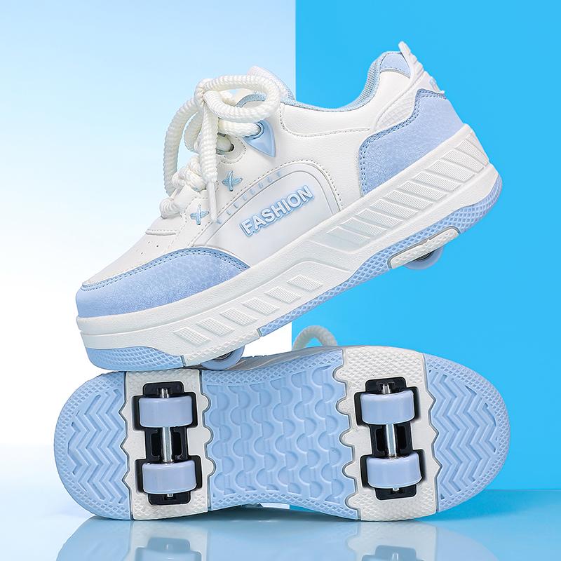 Jungen Rollschuhe mit drehbarem Knopf und vier Rädern Kinderschuhe mit Rollen Mädchen Rollschuhe 31 blau