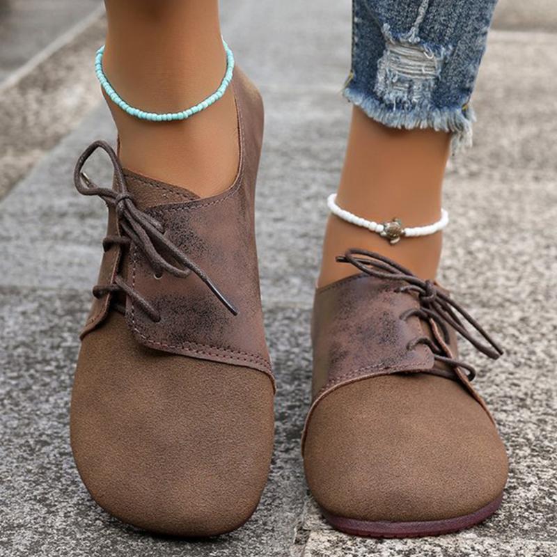Braune Runde Zehenpartie Flache Schuhe Damen Kunstwildleder Schnürung Flache Schuhe für Damen Übergröße 43 Weiche Gehen Lässige Schuhe Damen 38 braun