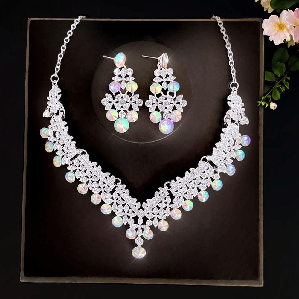 Braut Hochzeit Accessoires Zweiteiliges Set Exquisites farbiges Strass Halskette Ohrringe Set Partykleid Accessoires Halskette black