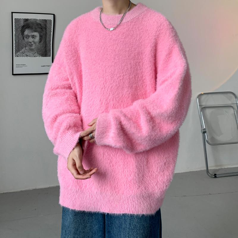 2024 neue Herbst Männer Rundhals Dicken Pullover Männer Reine Nerz Kaschmir Männer Oansatz Pullover Männlichen Gestrickten Pullover Winter Warme jumper 3XL rosa