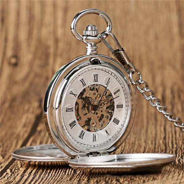 Vintage-Taschenuhren für Herren, hohles goldfarbenes Gehäuse, Taschenuhr mit Kette, römische Skala, mechanisches automatisches Uhrwerk, Halskette, Anhänger, Herrenuhr silber