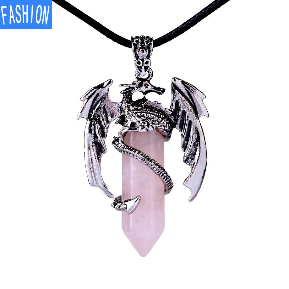 Drachen-Anhänger-Halskette für Männer und Frauen, coole Heilkristall-Amethyst-Halskette, natürliche Rosenquarz-Halskette, westlicher Drachen-Schmuck Rose Quartz