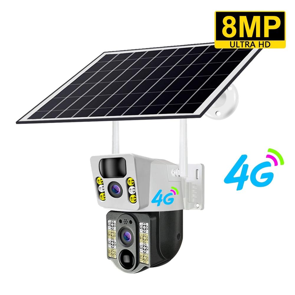 8MP 4K Drahtlose Solar Kamera 4G Sim Outdoor Dual Objektiv Wifi IP Kamera PIR Nachtsicht V380 Pro CCTV Sicherheit Schutz Monitor 4G Camera