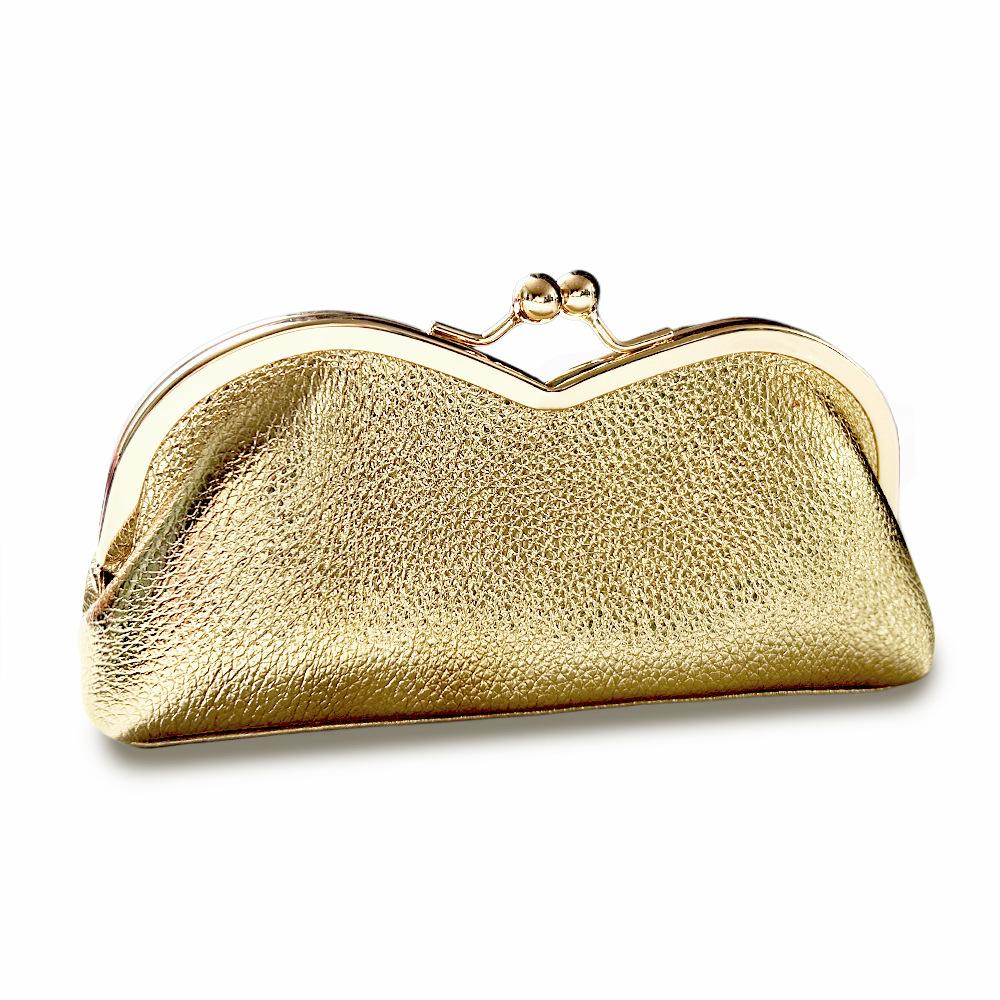 Echtes Leder Brillenetui für Damen Münzbörse Einfache Sonnenbrillen-Aufbewahrungstasche Tragbares Augenbrauenstift-Kosmetik-Organizer-Etui gold