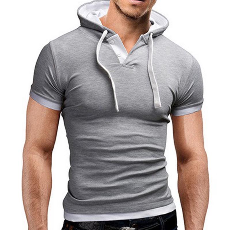 Sommer Herrenmode Slim Fit Kurzarm Tops Einfarbig Kapuze Muscle Casual Basic T-Shirt L licht grau