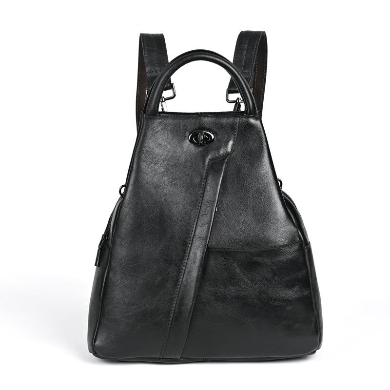 Johnature Retro Echtes Leder Frauen Rucksack Reisetasche Freizeit Große Kapazität Rindsleder Einfarbig Rucksack schwarz