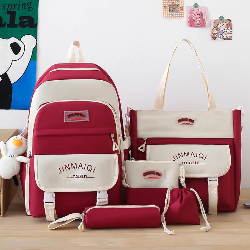 Schulrucksack für Kinder, Grundschüler, Rucksack mit Farbblockmuster, Rucksack für Mittelschüler, fünfteiliger Rucksack