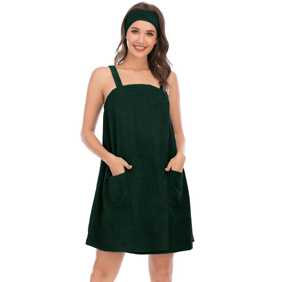 Bright Deer Damen-Bademantel aus Frottee, Spa, Badetuch, Bademantel mit Trägern, schnell trocknend, Frottee-Klettverschluss, elastischer Duschbademantel mit Stirnband, weich, für Fitnessstudio, Pool, Abdeckung S dunkelgrüne