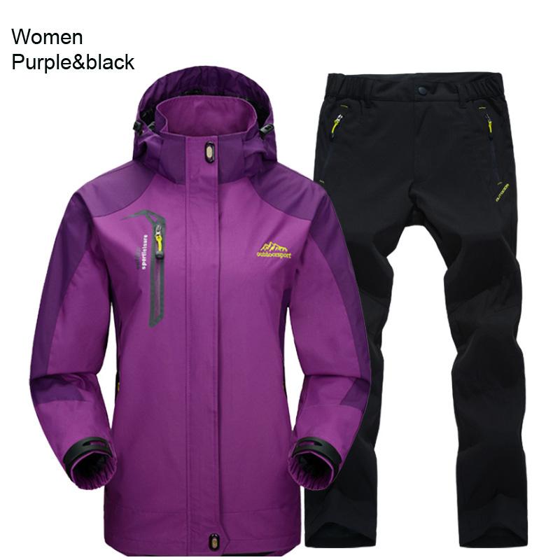 Damen Jacke Hose Wander Set Camping Frühling Herbst Outdoor Wasserdicht 20000MM Winddicht Anzug Trekking Mantel Hose 3XL purple