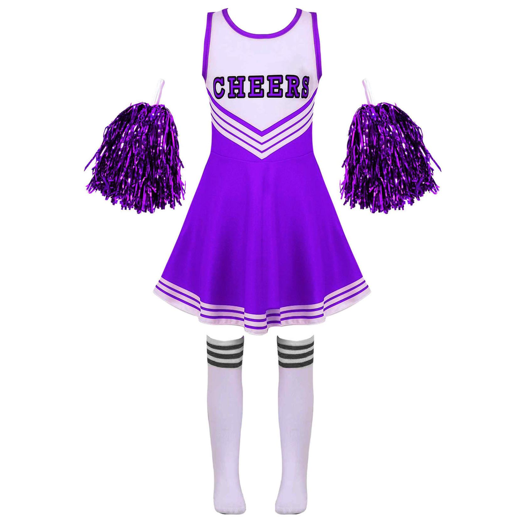Mädchen Cheerleading Uniform Tanzkostüm Kinder Cheerleader Outfit Rundhalsausschnitt Patchwork Stil Tanzkleid Blume und Socken 10-12 Years violett