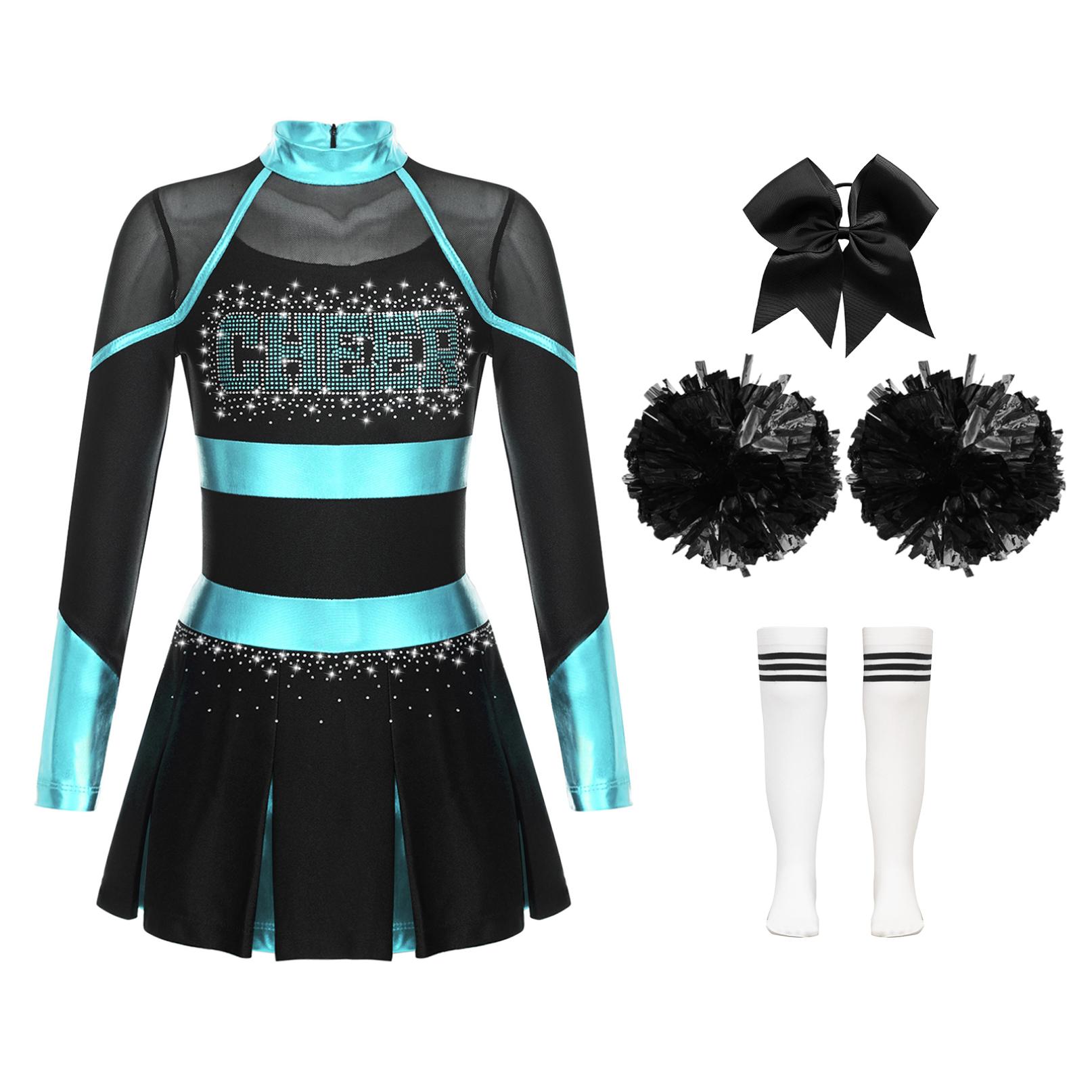 Cheerleader-Kostüm für Kinder, Halloween-Cheerleading-Uniform, Kleid mit Pompons und Socken, Karneval, Party, Kostüm-Outfit 11-12 Years blau/weiß