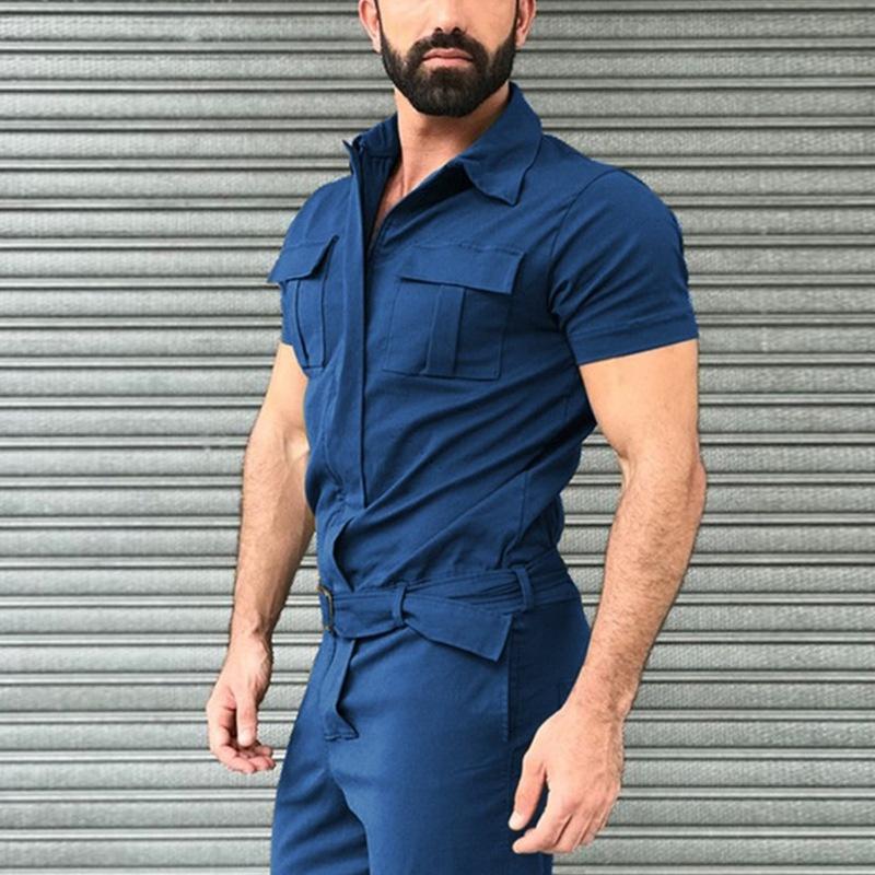 Mode Herren Reine Farbe Overall Frühling Herbst Kurzarm Overalls Overall Plus Größe XL blau
