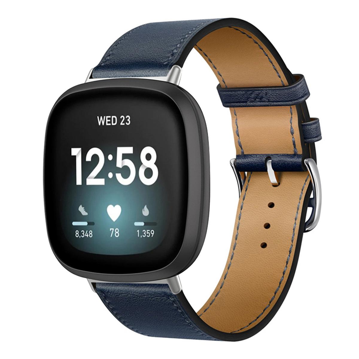 Echtes Lederarmband für Fitbit Versa 4 3 Versa Lite Armband Smartwatch Armband für Fitbit Sense 2/1/Versa 2 1 Correa Uhrenarmband Dornschließe For Fibit Versa 3 navy blau