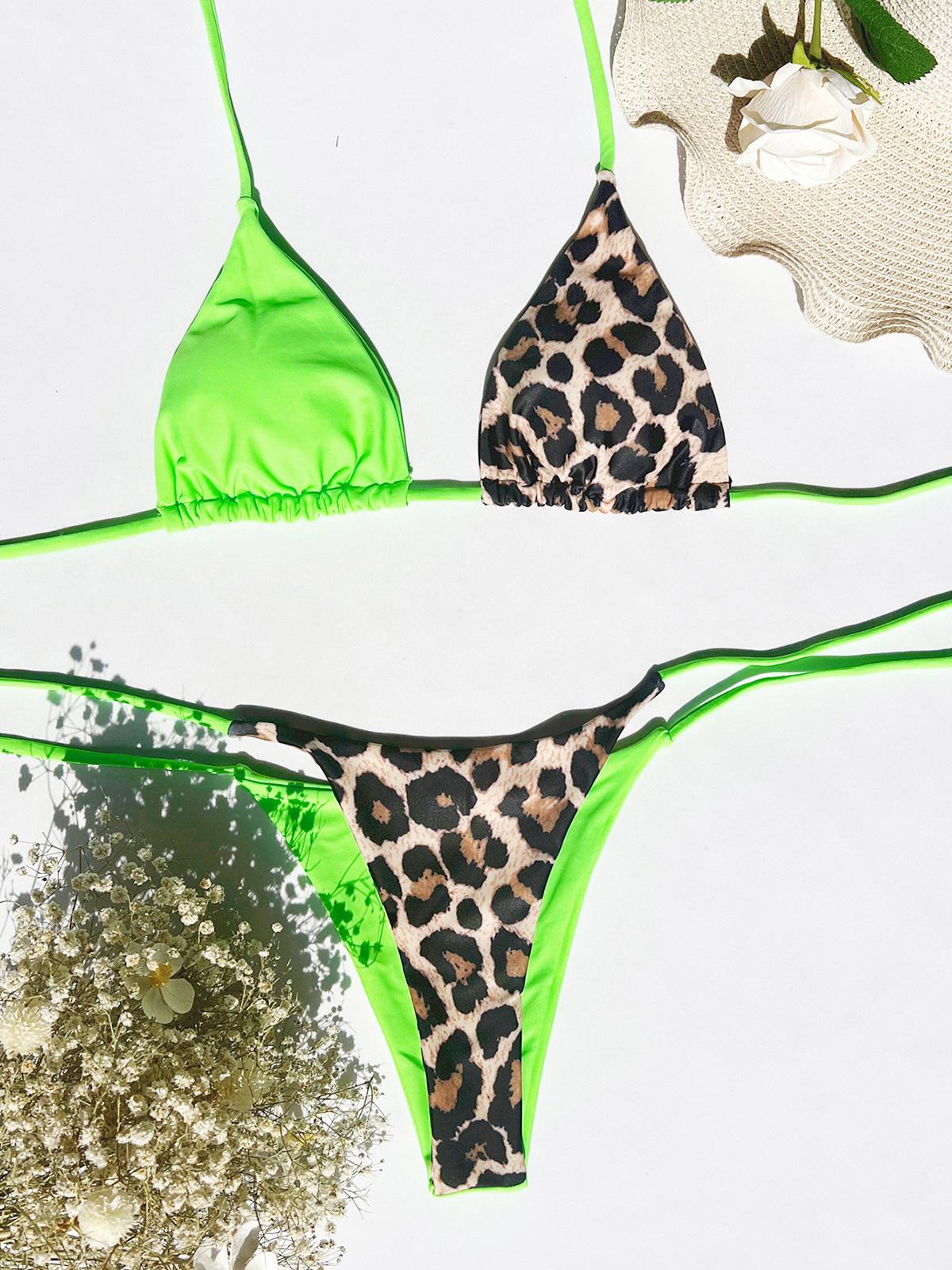 10 farben Spleißen Halter Leopard Bikini Weiblichen Badeanzug Frauen Bademode Zwei-stück Bikini set Badende Badeanzug Schwimmen Dame L grün/Leo-Print