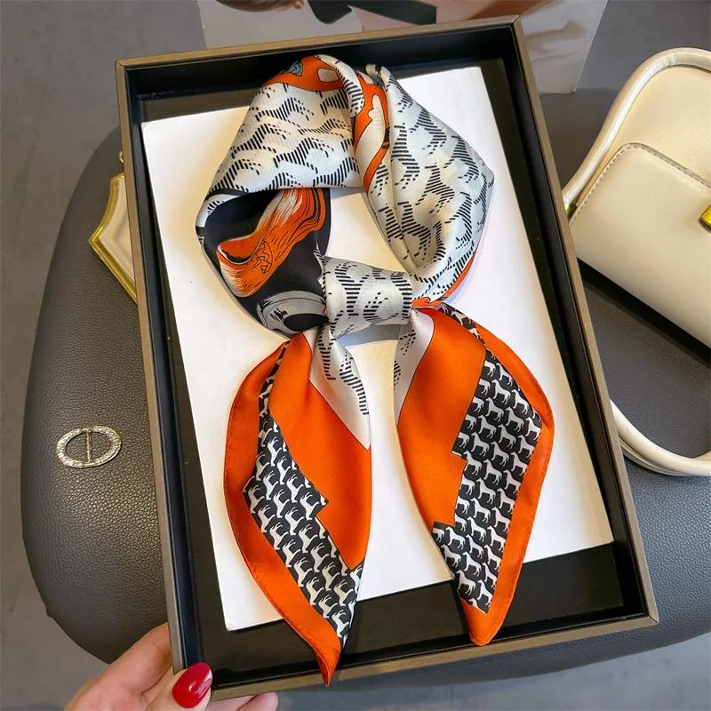 Pferdedruck Seidenschal Hijab Damen Luxus Design Quadratischer Schal Mädchen Band Haarband Halstuch Foulard Haarband 70*70cm 70x70cm black