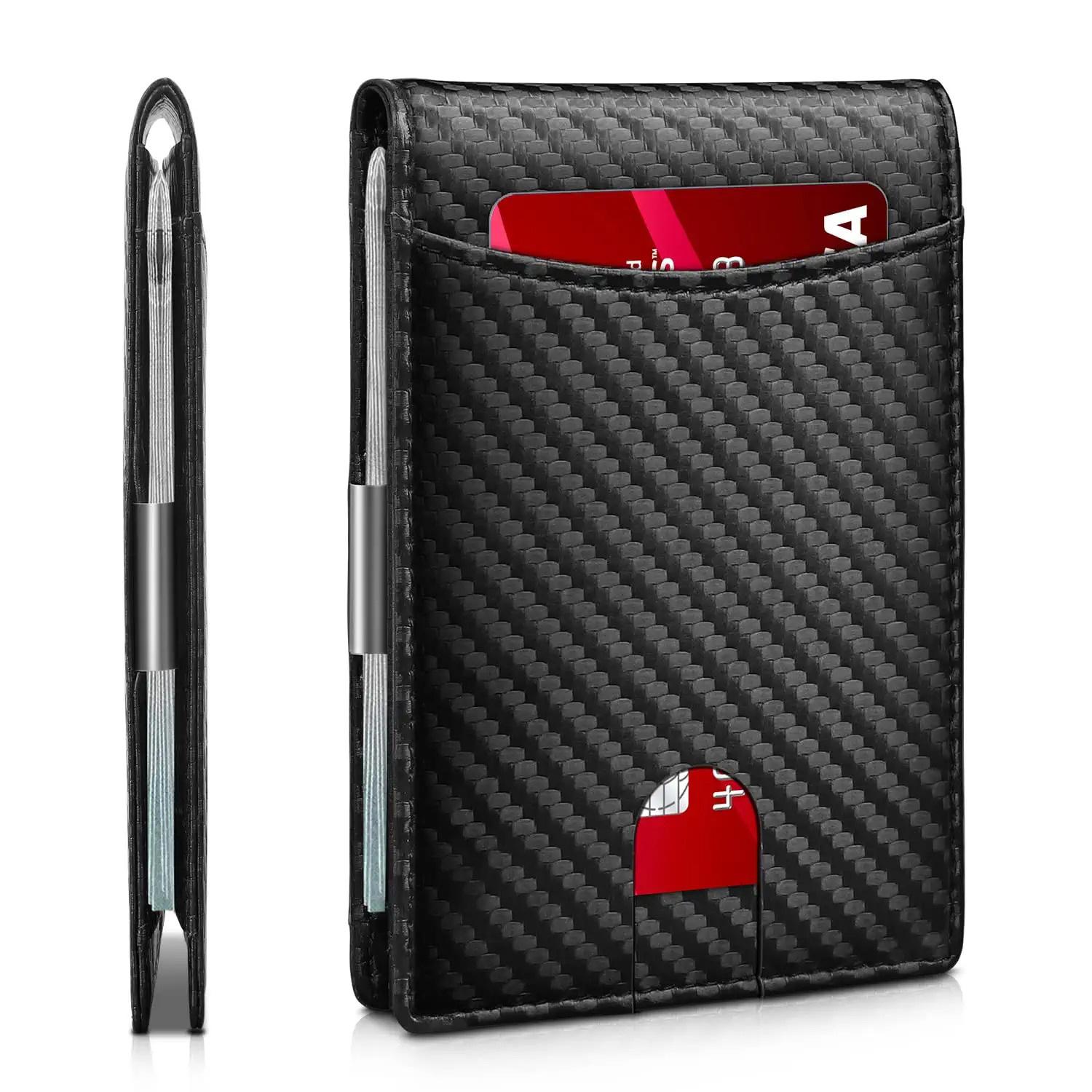 RFID Echtes Leder 2023 neue Slim Smart Wallet für Männer mit Geld Kreditkarten Clip Mini Blocking Herren Dünne Brieftasche Kartenhalter 11cm*8.5cm*1cm kohlefaser-schwarze