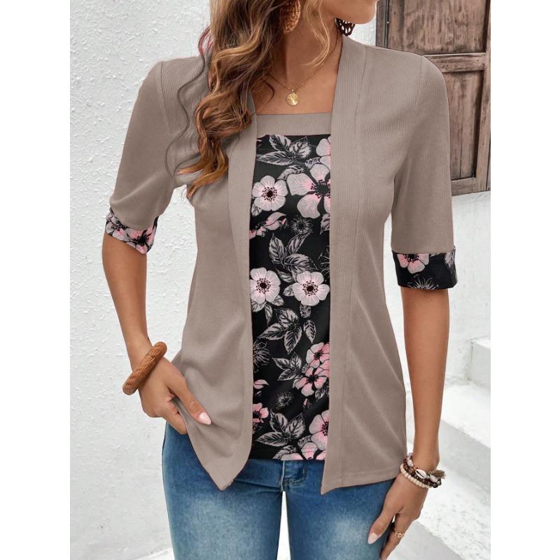 Damenmode Casual Sommer Frühling Blumenmuster Druck Kurzarm Quadrat Kragen Blusen & Hemden XXXXL khaki