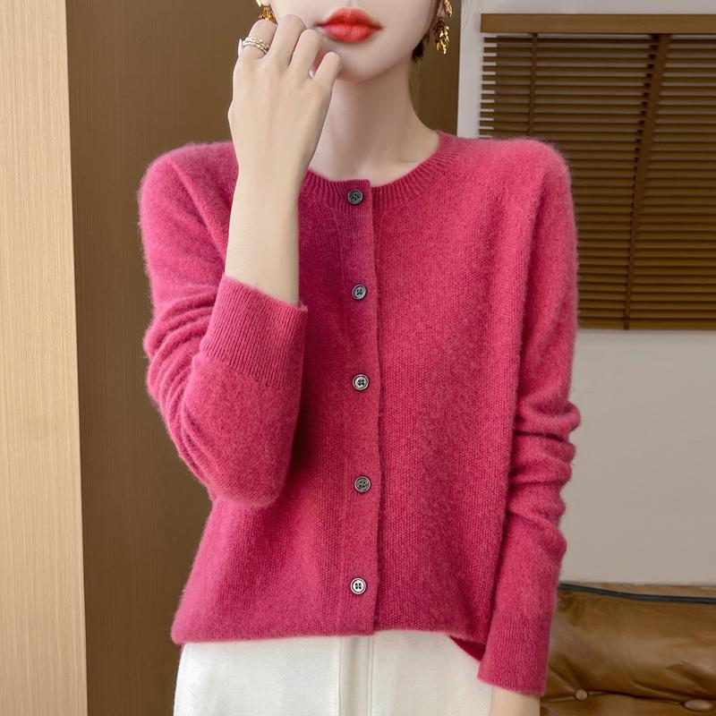 Damen Rundhals Strickjacke Qinghe Kaschmir 30% Kaschmir 70% Wolle Damen Herbst und Winter Kaschmir Strickjacke weich und warm XXL Kirschrot