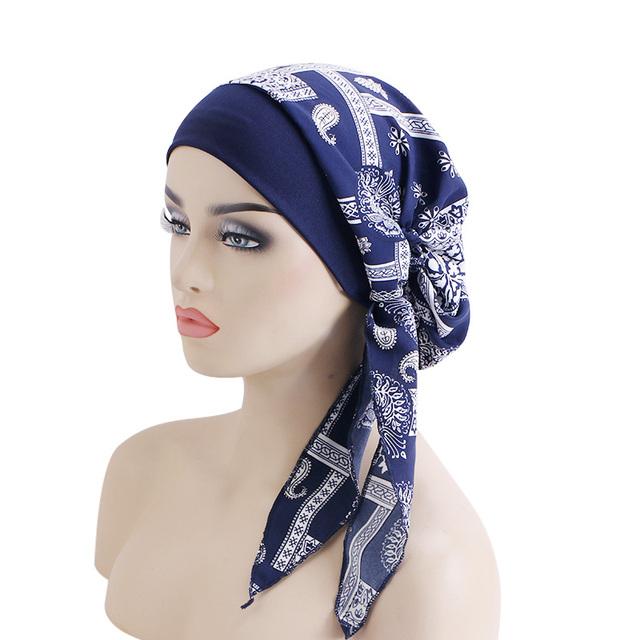 Bedrucktes Kopftuch zum Binden für Frauen, elastisch, Turban für Frauen, Krebs, Chemo-Mütze, Haarausfall-Bedeckung, Kopftuch, Kopfbedeckung, Stretch-Bandana blau
