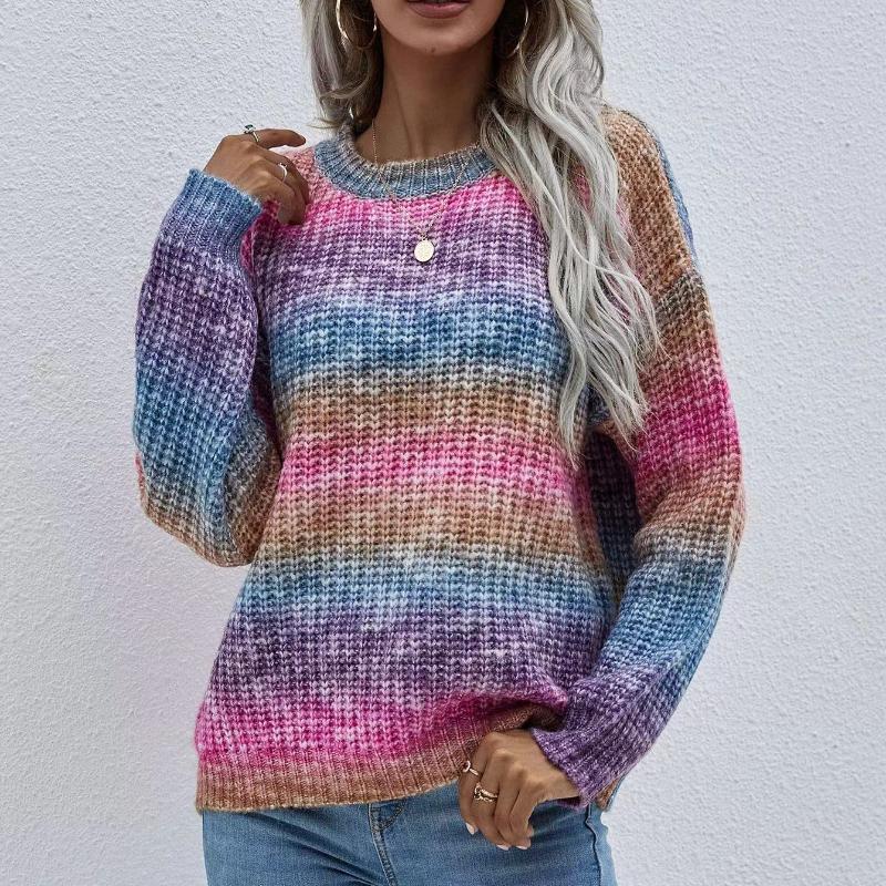 IHUASU Damen Herbst und Winter Pullover Gestreift Hundert O-Ausschnitt Strickwaren Lose Große Größe Regenbogen Pullover S