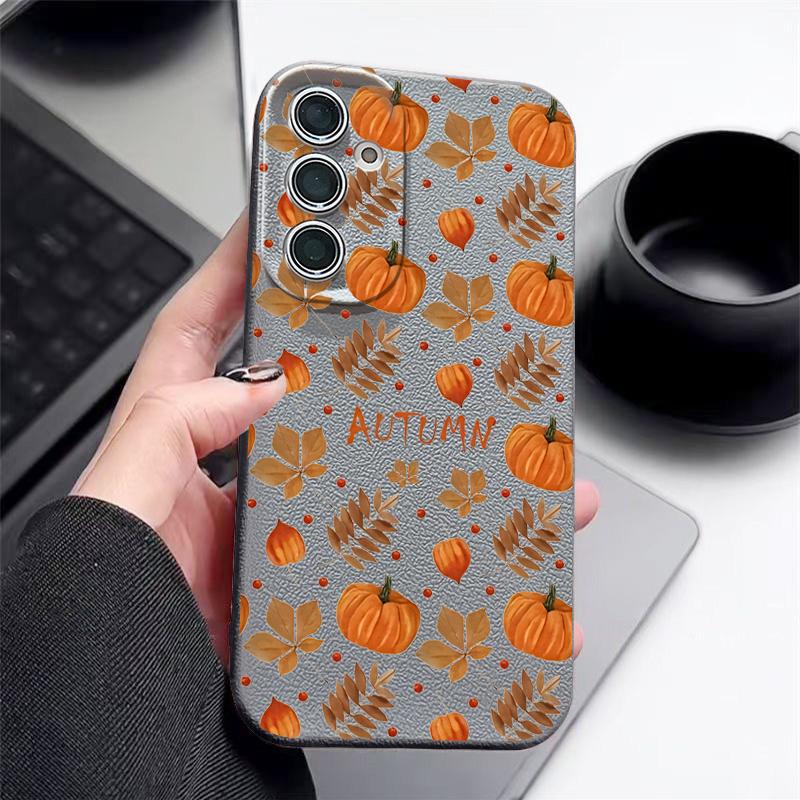 Herbst Kürbisdruck Handyhülle Für Samsung Galaxy S25 Edge S24 S25 FE S23 S22 Ultra A17 A56 A55 A54 A36 A15 A16 Silikon Ledertextur Cover Samsung Galaxy A36 graue