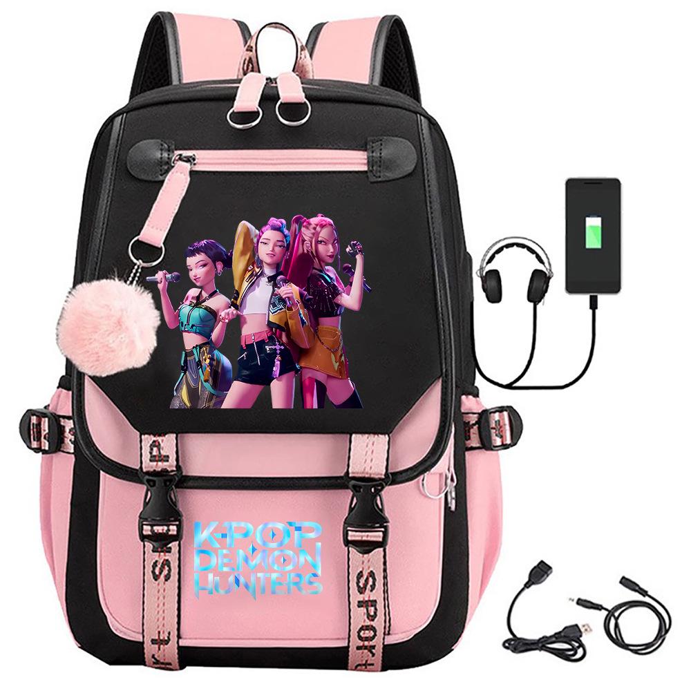 K-Pop Dämonenjägerin Girlgroup Rucksack mit Pompom - Schultasche für Schüler One Size