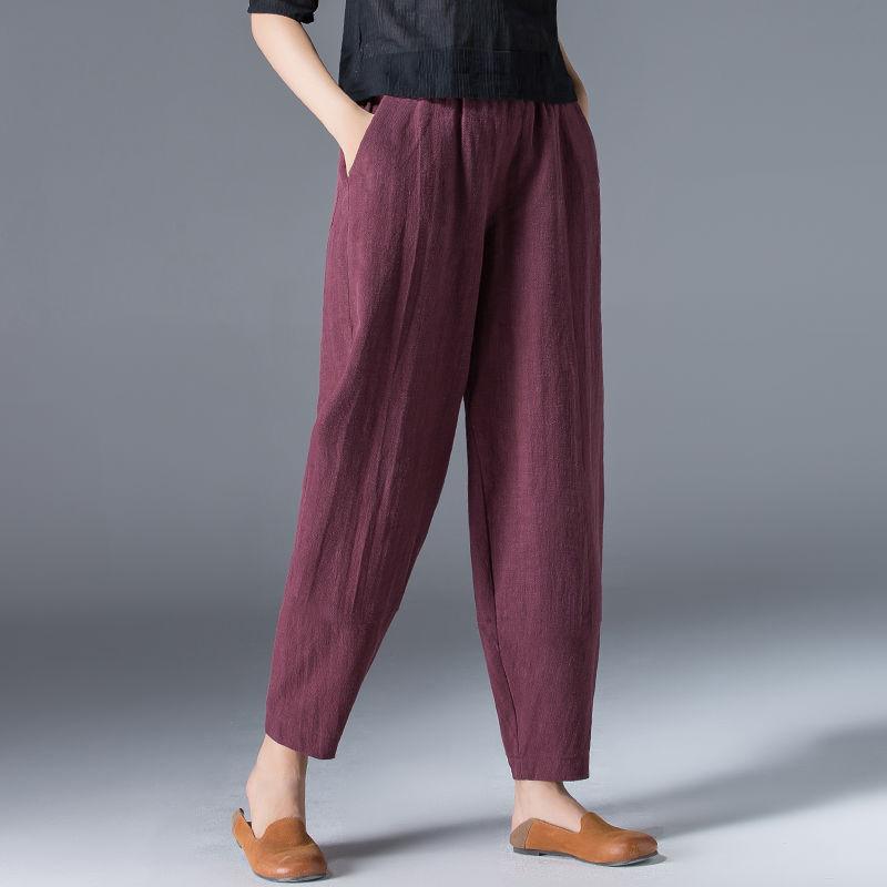 Bestellen Sie zwei Nummern größer, Damen Sommer lässige lose Haremshose elastische Taille Baumwolle Leinen dünne Hose neunte Hose XXXXXL wein rot
