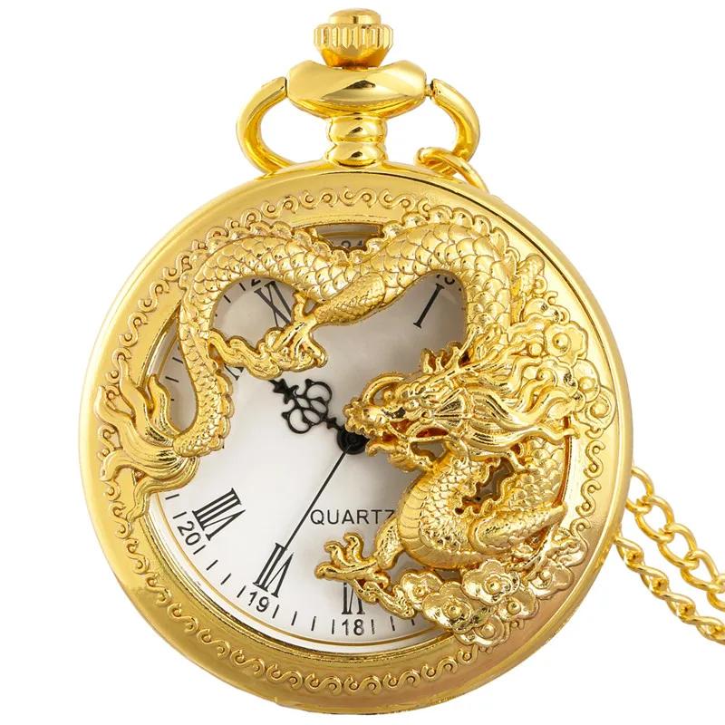 Vintage Drachen Taschenuhr Hohlgravur Zifferblatt mit römischen Ziffern Halskette Geschenk goldgelb