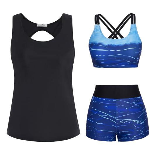 3-teiliges/Set Damen Bikini Set U-Ausschnitt Gepolstert Ohne Bügel BH Schwimm-Tops Badehose Set Strand Bademode XXXL blau