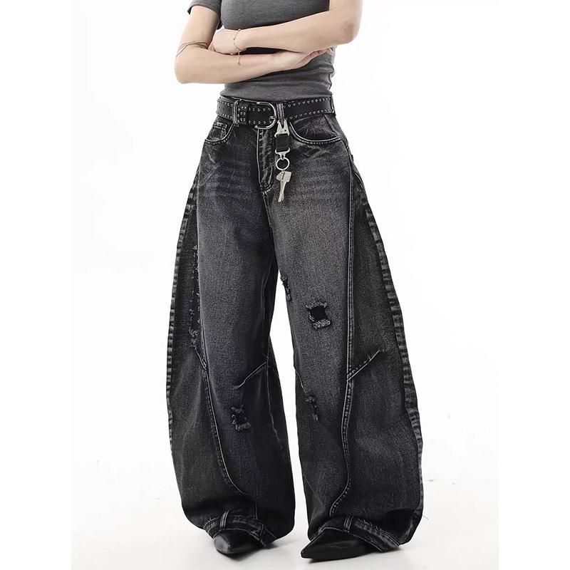 Y2K Schwarze Ausgefranste Damenjeans Hoher Bund Vintage Gerade Baggy Denimhose Street Amerikanische Weite Beine Denimhose S schwarz
