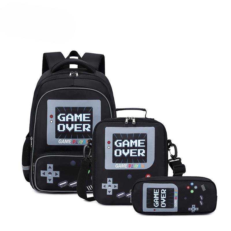 Dreiteiliges Set aus Grundschul-Rucksack und Spielkonsole mit Reißverschluss, leichtgewichtiger, lastreduzierender und wirbelsäulenschützender Rucksack One Size schwarz
