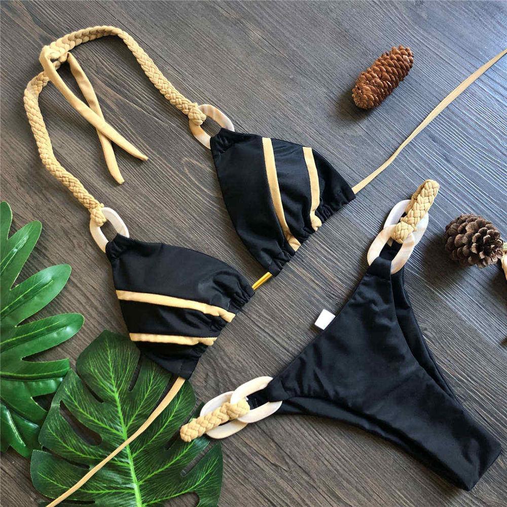 Sexy Halter Bikini Frauen Bademode Weiblichen Badeanzug Zwei-stück Bikini set Gepolsterte Badende Badeanzug M schwarz