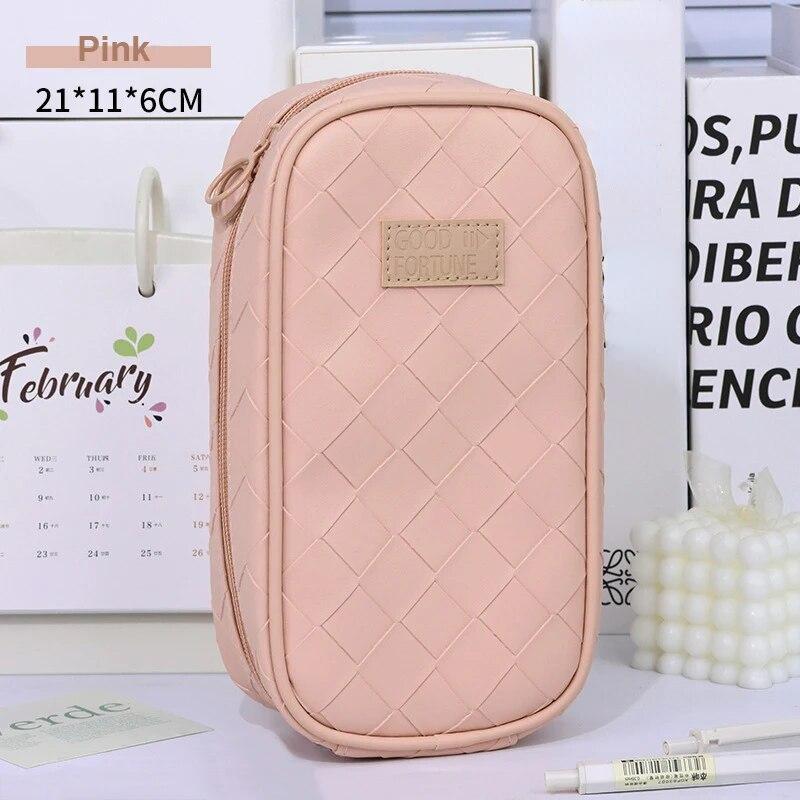 Leder-Federmäppchen, großes Fassungsvermögen, tragbare Stiftbox, Bleistiftbeutel, Schreibwaren-Aufbewahrungstasche, Schulbedarf rosa