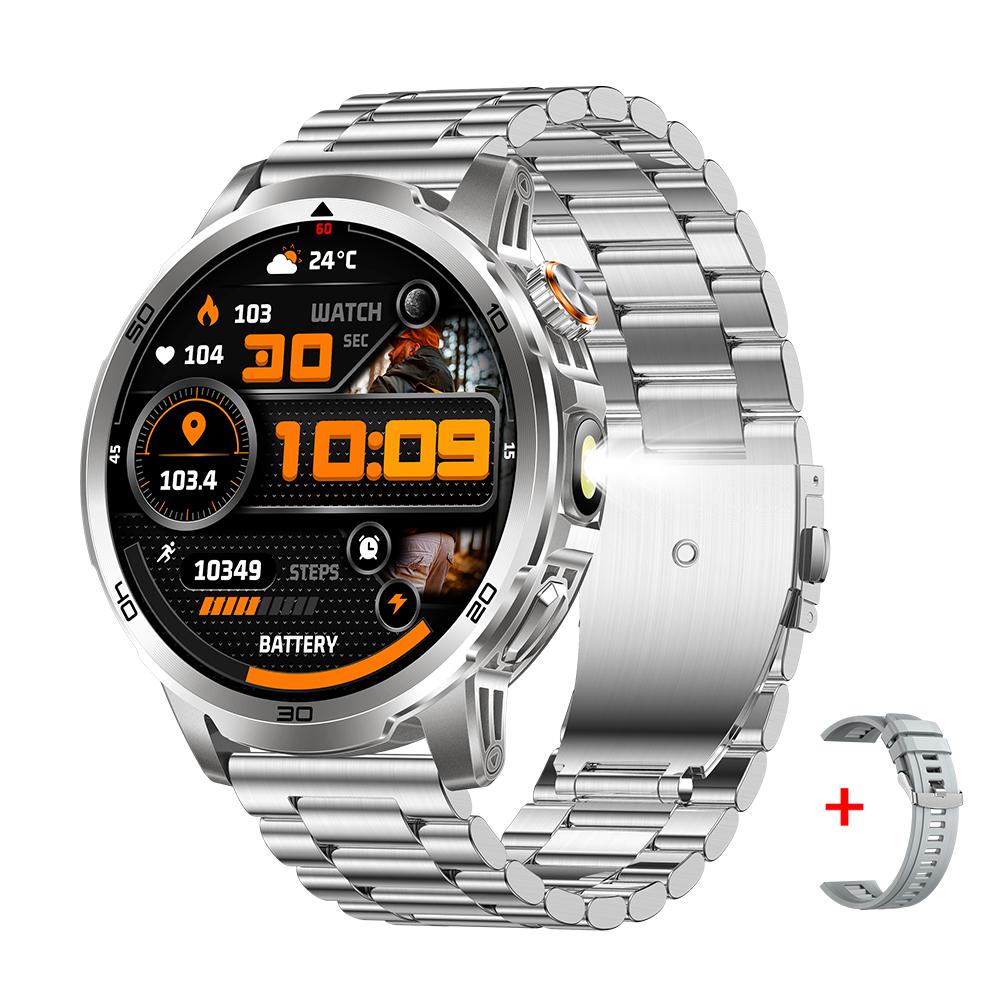MEVADEN Neue 1,85-Zoll Herren Bluetooth Anruf Smartwatch Sport Fitness Tracker Herzfrequenzmesser LED Taschenlampe Smartwatch Für Android IOS 1000mAh AK95 silber