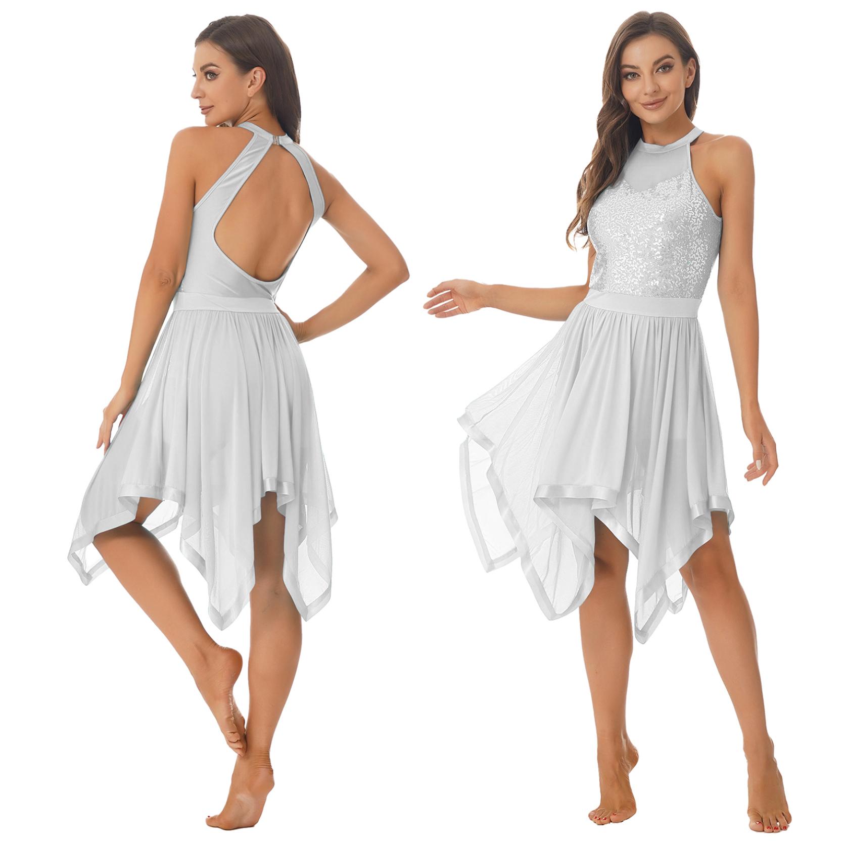 Damen-Kostüme für zeitgenössischen Tanz, High-Low-Lyrik-Tanzkleid, Pailletten-Kostüme für modernen Tanz M weiß