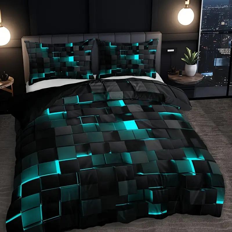 Grid Series Bettwäsche-Set Digitaldruck Weicher Bettbezug für Schlafzimmer Gästezimmer 2-teilig 3-teiliges Bettdecken-Set 135 x 200cm blau