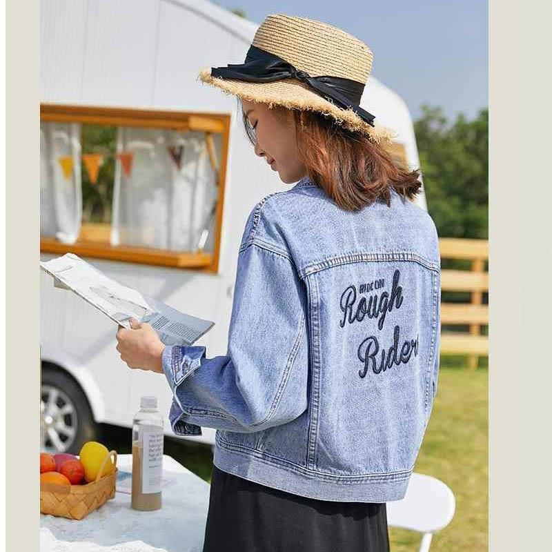 Jeansjacke für Mädchen, Studentin, lockere Herbst-Frühlings- und Herbstkleidung, bestickte Jeansjacke für Damen XL
