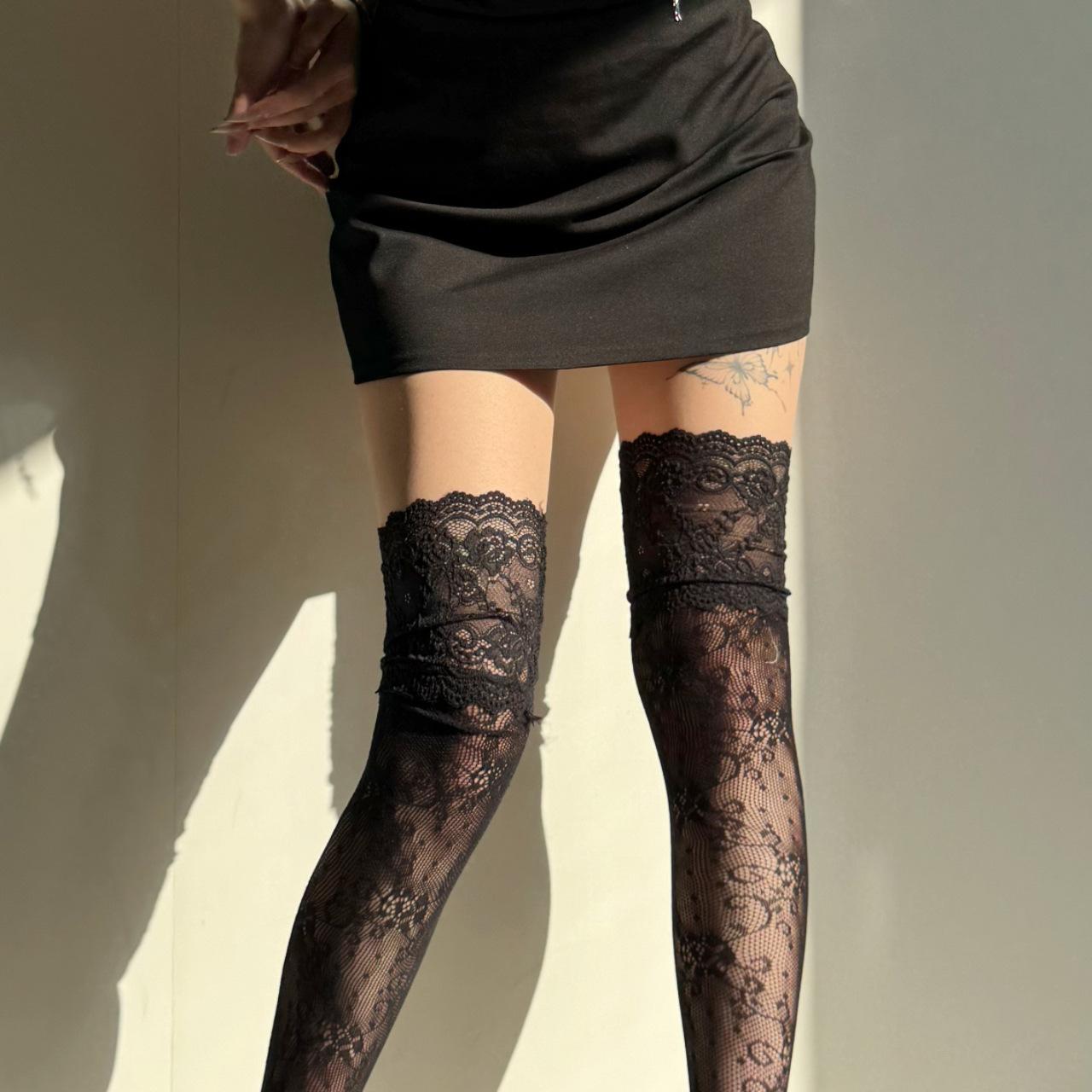 Damen Transparente Sexy Strümpfe Spitze Oben Oberschenkelhoch Strümpfe Über Knie Lange Socken One size schwarz
