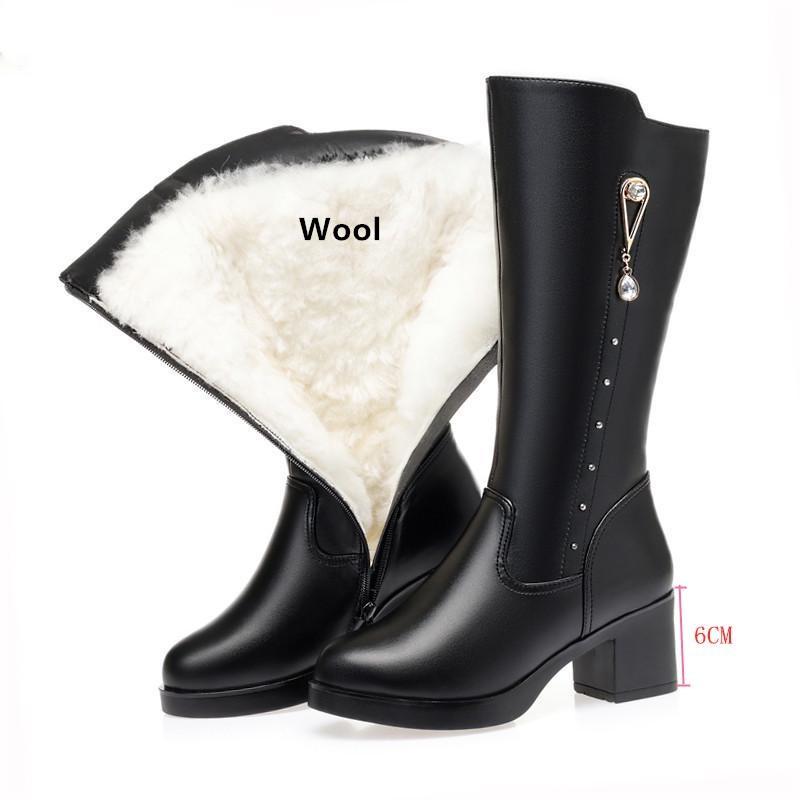 Winter Echtes Leder Frauen Lange Stiefel Wolle Wram Schnee Stiefel Frauen High Heel frauen Stiefel 35