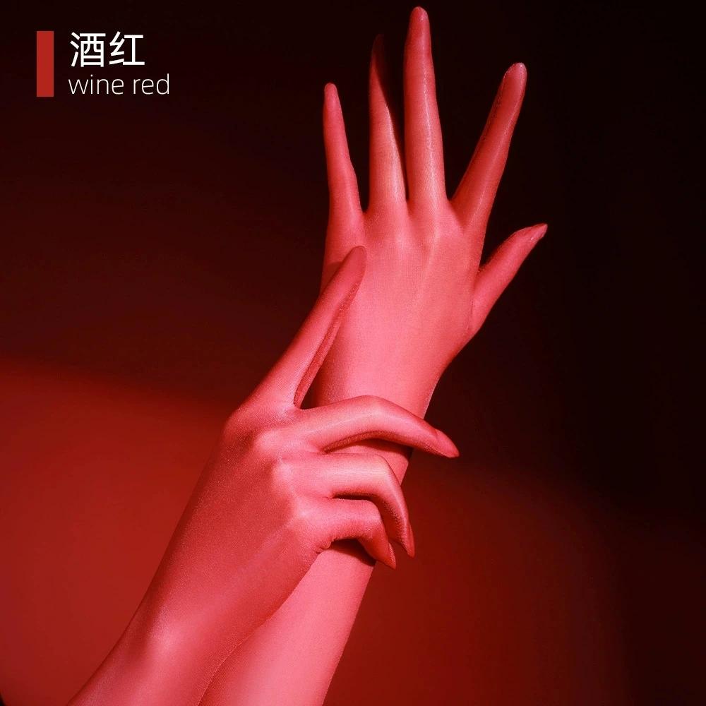 Sexy Damen 3D Ultra Dünne Fünf-Finger Lange Handschuhe Öl Glänzend Glatt Sonnenschutz Handschuhe Elastisch Elegant Party Hochzeit Luxus Handschuhe One Size red